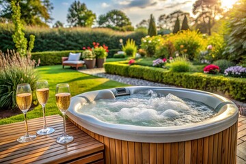 A hot tub filled with bubbles and a couple of glasses of wine