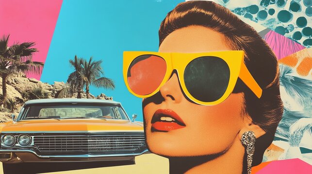 Naklejki A woman in sunglasses and a floral top poses with a yellow vintage car in a colorful retro style desert scene.