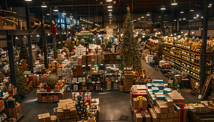 A bustling warehouse filled with christmas gifts, decorated with festive lights and ornaments, ready for seasonal distribution