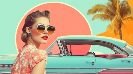 A woman in sunglasses and a patterned shirt stands in front of a vintage blue car with a colorful retro style scene.