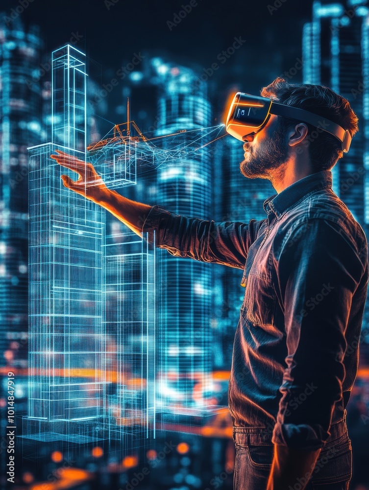 Leinwandbilder Augmented reality architect creates virtual buildings in a futuristic cityscape using AR glasses in a nighttime environment. Generative AI