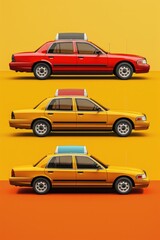 Fototapeta premium Four colorful taxis on a bright yellow backdrop