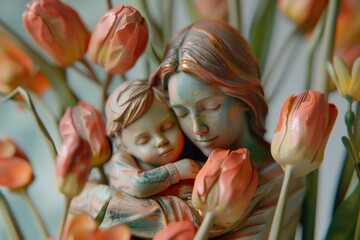 A sculpture of a mother cradling her child, symbolizing love and protection