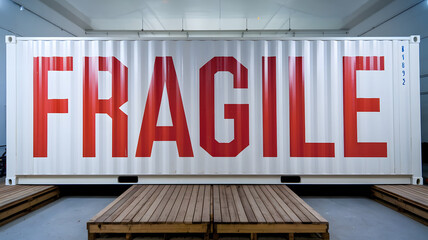 A large shipping container with the word 'FRAGILE' printed in bold red letters. The container is placed on wooden pallets in a well-lit indoor space.