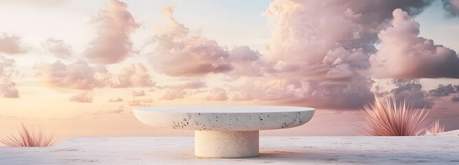 3. A beautifully crafted stone tabletop pedestal positioned in an outdoor space, with a pastel sky of pink and gold hues and fluffy clouds, evoking a dreamy summer paradise for product placement
