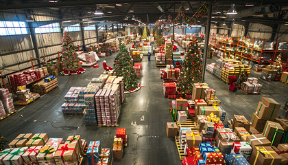 Fototapeta premium A bustling warehouse filled with christmas gifts, decorated with festive lights and ornaments, ready for seasonal distribution