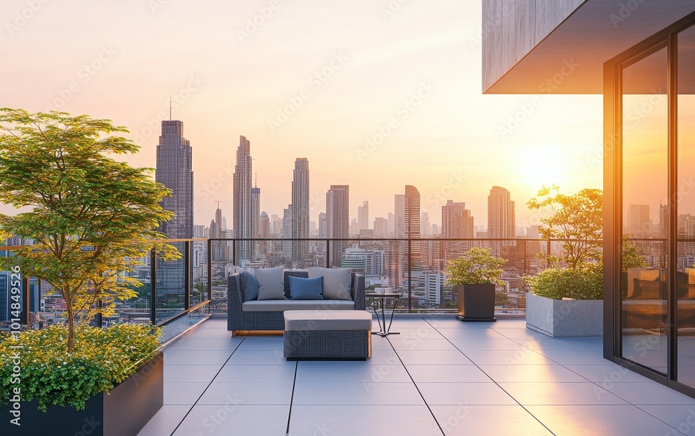 Wall mural a modern rooftop terrace with comfortable seating and greenery, overlooking a city skyline at sunset