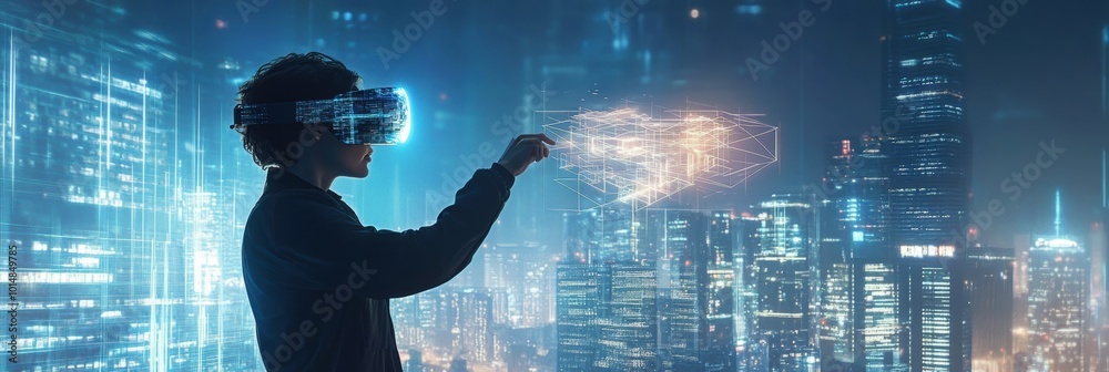 Aufkleber an augmented reality architect designs virtual buildings in a futuristic cityscape using ar glasses 