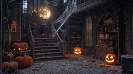 Obraz premium Dark interior of house decorated for Halloween pumpkins, webs and spiders