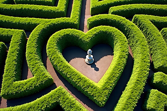 "A heart-shaped arch in a hedge maze, viewed from above." Intriguing and symmetrical garden design. - Powered by Adobe