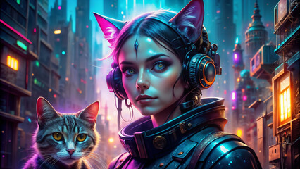 Futuristic cat woman with headphones in neon cyberpunk cityscape