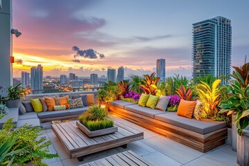 Fototapeta premium High-end outdoor lounge on a Miami rooftop with contemporary wooden seating and vibrant plants, twilight view