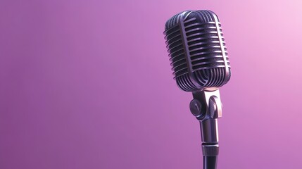Fototapeta premium A vintage microphone on a stand against a purple background.