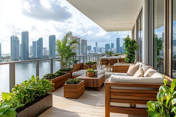 High-end outdoor terrace in Miami with sleek wood furniture and decorative plants, city skyline in the background