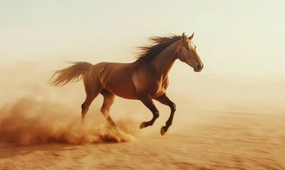 Horse running through desert sand dust.