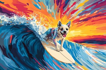 psychedelic poster surfing dog colorful sunset illustration wallpaper digital art abstract background