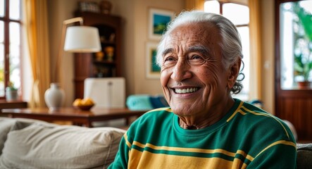 Brazilian elder man smiling on living room background