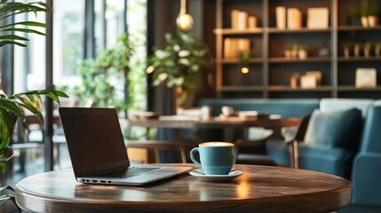 Fototapeta premium A cozy caf? scene featuring a laptop and a coffee cup on a wooden table, ideal for work or relaxation.