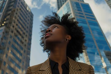 Fototapeta premium A woman standing outside a modern high-rise building, great for urban scenes or cityscape uses