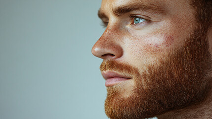 Closeup man face with red pimples, inflammation on face and problem skin. Acne, rosacea and couperose therapy. Facial treatment skincare routine and hygiene Cosmetic and beauty banner with copy space