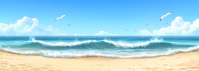 5. A bright summer beach scene with playful waves and a clear horizon, featuring a wide area of soft sand perfect for adding text or showcasing products in a summer-themed context
