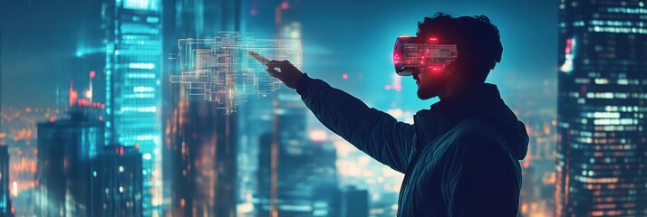 An augmented reality architect designing futuristic buildings in a high-tech cityscape using AR glasses for virtual projections. Generative AI