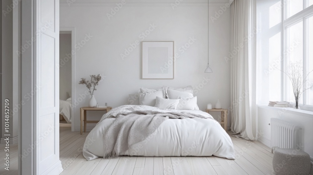 Aufkleber a spacious bedroom showcases a minimalist style with white bedding layered with soft textures. large