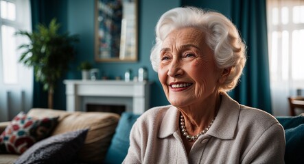 Russian elder woman smiling on living room background