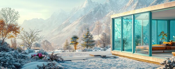 High-resolution garden room with soft aqua blue windows, blending with a snowy mountain backdrop Modern, open space design