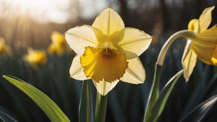 Fototapeta premium Sunlit Daffodil in Full Bloom with Golden Petals