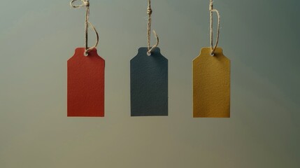 A collection of colorful tags hanging from a string