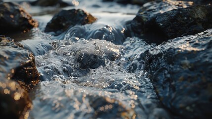 A close-up shot of a stream with rocks in the background, perfect for outdoor and nature-themed projects