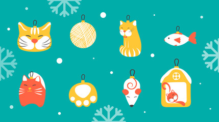 A set of Christmas tree toys for cat lovers: a ball, a paw, a muzzle, a mouse and a fish. Flat vector illustration.