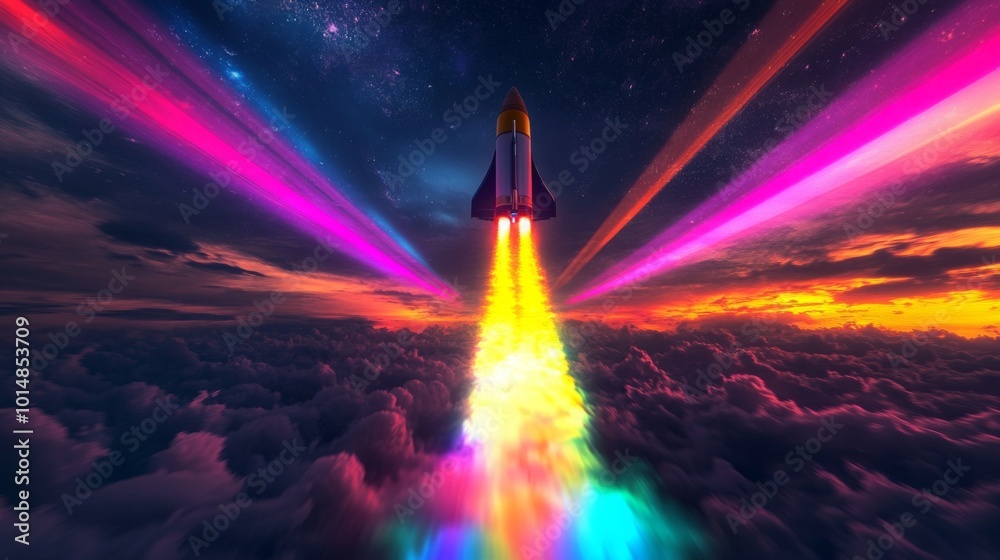 Poster a rocket is launching into the sky, leaving behind trails of vibrant colors against a backdrop of du