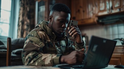 A soldier in uniform speaking on his phone, possibly in a situation of deployment or leave