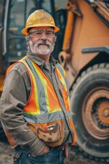 A construction worker standing in front of a bulldozer, suitable for industrial or construction-themed projects