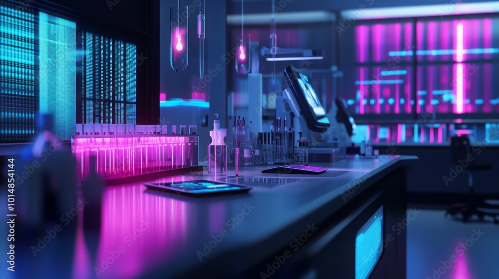 Poster a close-up of a laboratory workbench with test tubes and beakers in the foreground. the background i