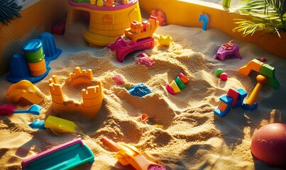 Colorful toys in a sandbox.