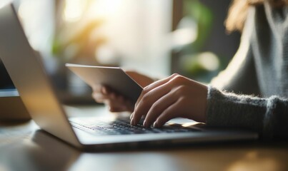 Fototapeta premium Woman typing on laptop with one hand.