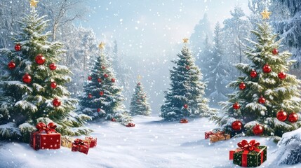 Obraz premium Merry christmas and happy new year greeting background .Winter landscape with snow and christmas trees