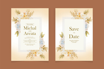 Wedding invitation card save the date with golden flowers leaves and branches