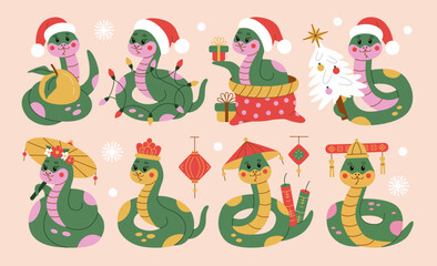 A vibrant collection of flat style snake illustrations celebrating 2025 with festive and cultural elements. Perfect for holiday designs, New Year decorations, and themed projects.