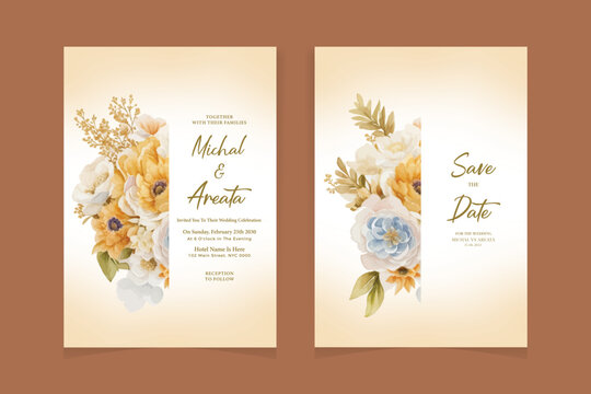 wedding invitaion card set template design with pink rose watercolor and gold leaf