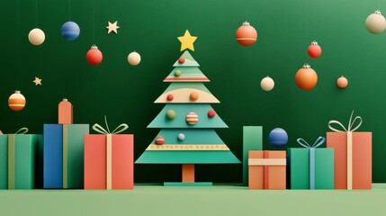 Fototapeta premium A festive scene with a green background, Christmas tree, and colorful gift boxes, adorned with ornaments, exuding holiday cheer
