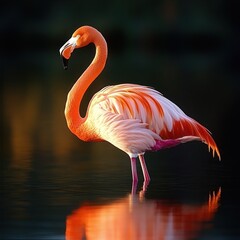 A single flamingo stands in shallow water with its reflection visible in the water.  The flamingo is in focus and the background is blurred.
