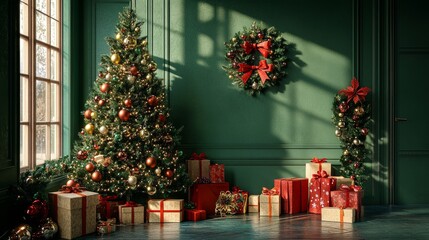 Christmas decorations with a green backdrop, featuring a tree, colorful gifts, ornaments, and a cheerful holiday atmosphere.