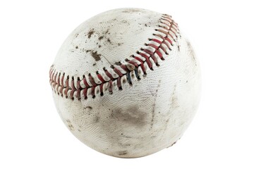 A close-up view of a baseball sitting on a clean white surface