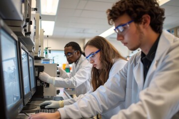 Fototapeta premium A team of scientists in lab coats concentrating on a computer, likely working on a project or analyzing data