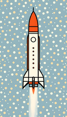 Obraz premium A stylized rocket launching upwards against a polka dot background. The rocket is white with red accents and features a streamlined design.