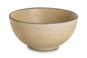 High angle view of single empty brown ceramic bowl isolated on white background with clipping path.